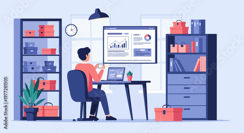 Man Working on Laptop at Desk.