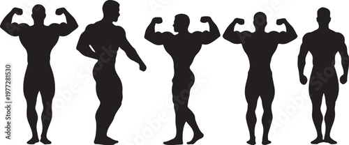 Set of five muscular bodybuilder silhouettes in various poses, black vector collection showing strength, fitness, gym training, and physique development concept.