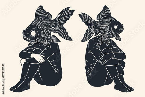 Vector illustration of two figures with goldfish heads and human bodies, sitting with knees hugged to chest. Surreal art exploring identity and emotion.