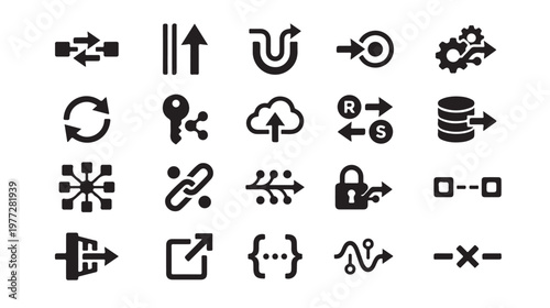 Set of various business and technology icons representing process, data, connectivity, and security concepts