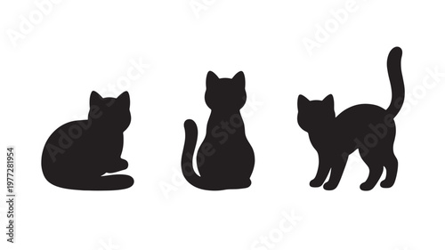 Three black cat silhouettes in different poses: sitting, standing, and curled up, against a white background.