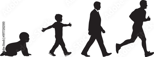 Conceptual silhouette sequence showing the human life cycle from a crawling baby to a running man, representing growth, aging, development, and life stages.