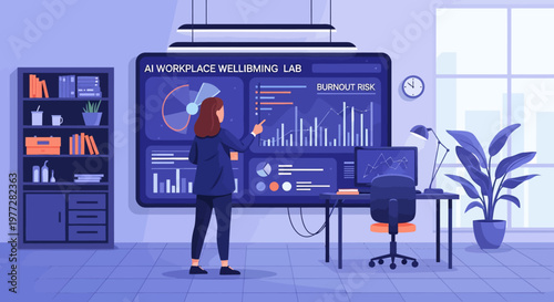 Woman Analyzing Data on Large Computer Screen.