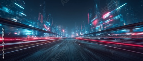 Futuristic Cityscape with Light Trails at Night