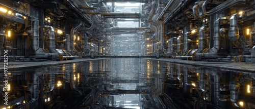 Industrial Plant Interior with Reflective Water Surface