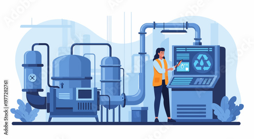 Woman Operating Industrial Recycling Machinery Equipment.