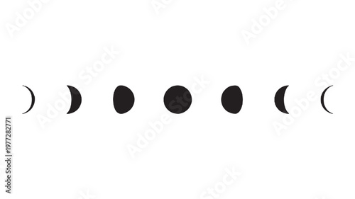 Moon phases graphic with crescent, half, gibbous, and full moon stages shown in black silhouette featuring astronomy, celestial, night sky with space