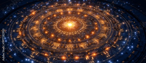 Intricate Golden Futuristic Tech Circular Design