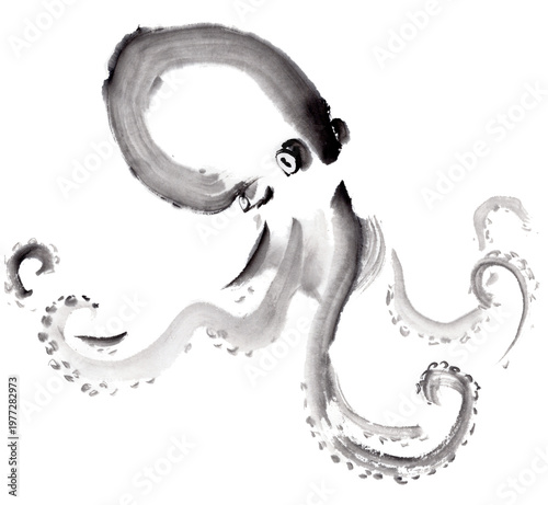 躍動感のあるタコ（Octopus）の水墨画イラスト。伝統的な墨絵（Japanese Ink painting）の筆致。