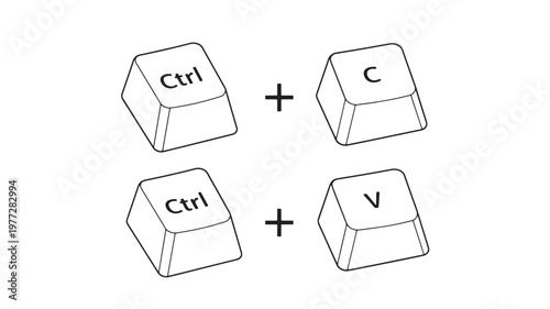 Keyboard keys for copying and pasting, Ctrl C and Ctrl V shortcuts, presented as simple line art icons on a white background.