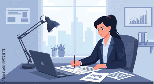 Woman Working at Desk with Laptop.