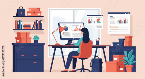 Woman Working on Computer at Desk Office.