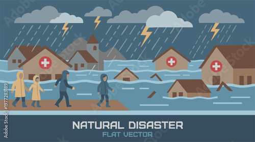 Heavy rain and flood natural disaster, people evacuating from submerged homes