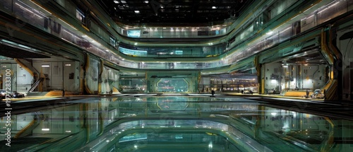 Futuristic Interior Space with Reflective Pool and Multiple Levels