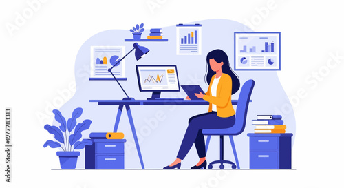 Woman Working on Laptop at Desk.