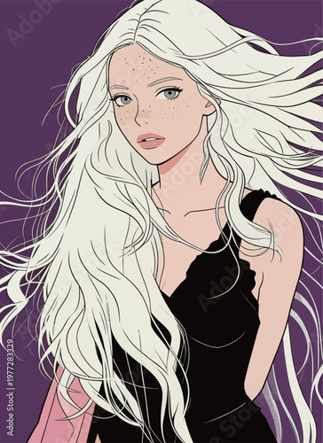 Young Woman with Long White Hair in Fashion Illustration