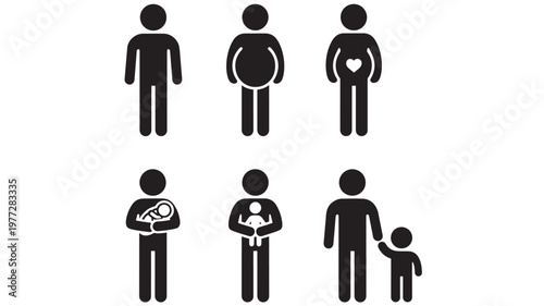 Stick figure people icons representing family stages from single adult to parent with child and pregnancy symbol