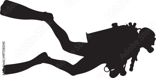 Scuba diver silhouette swimming underwater, detailed graphic icon representing deep sea exploration, aquatic sports, and recreational diving activities in black.