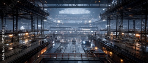 Large Industrial Manufacturing Plant Interior at Night
