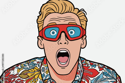 Excited Man Wearing 3D Glasses and Floral Shirt