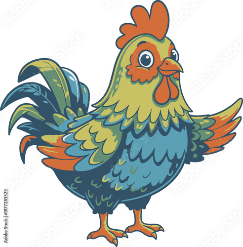 Foto Colorful cartoon rooster character illustration, cute farm bird vector isolated