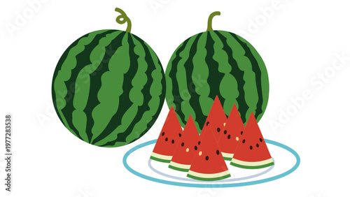 シンプルでかわいいスイカの装飾イラスト　カットスイカ　夏のフルーツ