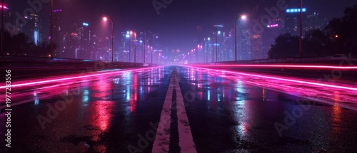 Neon-Lit City Highway at Night with Light Trails