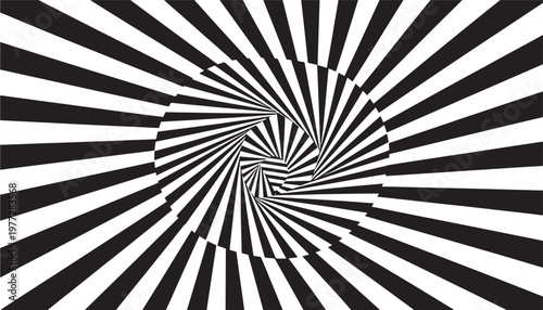 Optical illusion pattern with black and white radial stripes that twist and distort inward towards a central vortex.