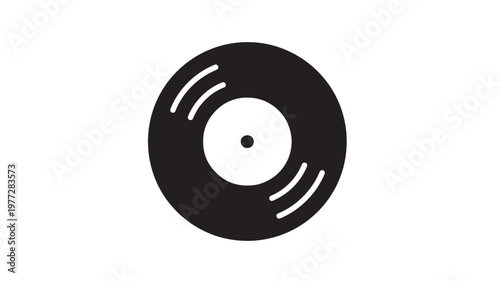 Vinyl record icon with groove lines and center hole, black silhouette on white background featuring disc, music, audio with sound and turntable