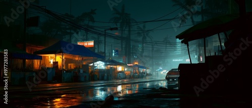 Night Street with Neon Lights and Wet Pavement