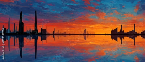 Sunset Cityscape with Reflections in Water