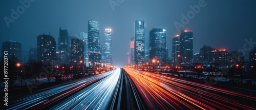 Nighttime Urban Skyline with Light Trails