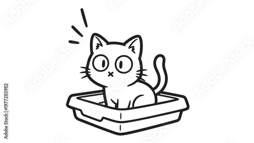 Cat sitting in a litter box with surprised expression and radiating lines, simple line art illustration