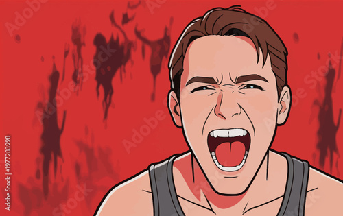 Man Screaming with Anger Against Red Background