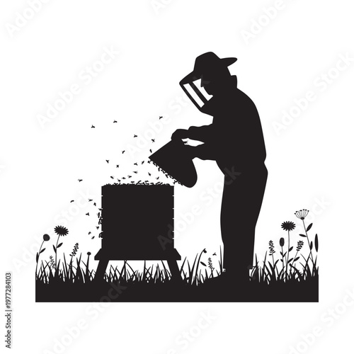 A beekeeper tending to a beehive surrounded by bees and wildflowers