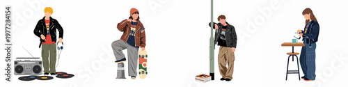 Flat illustration set of young people in urban street fashion featuring leather jackets, cargo pants, skateboards, and retro music equipment.