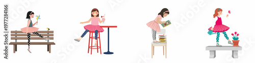 Set of four cute girl illustrations in tutus performing various activities like reading, gardening, and enjoying a milkshake on a white background.