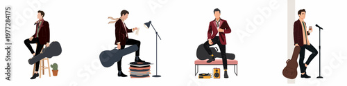 Collection of flat vector illustrations of a stylish male musician in various poses with a guitar case, vinyl records, and a microphone.