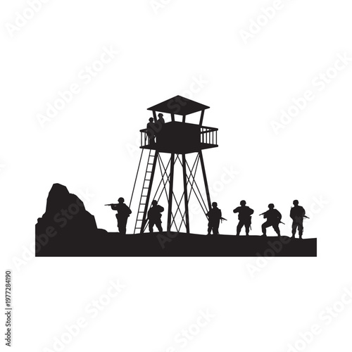 Silhouetted figures stand before a watchtower in a stark minimalist scene