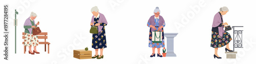 Set of illustrations depicting an elderly woman counting coins and managing money in various daily life situations like shopping and transport.