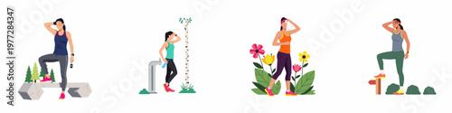 Set of four flat illustrations of exhausted women in athletic wear resting after an outdoor workout or run in nature.