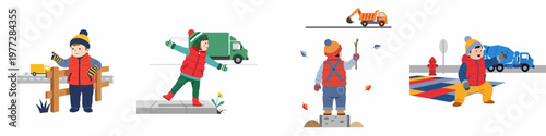 Set of illustrations depicting a young boy's outdoor adventures as he observes various trucks and plays in a city environment.