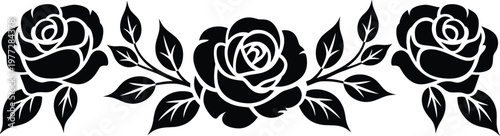 Rose floral border, horizontal silhouette design with three blooming roses leaves and buds isolated on white background for elegant decorative and romantic design.