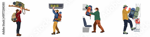 Vector illustration collection of travelers and hikers storing backpacks and camping gear in overhead compartments for their adventure journey.