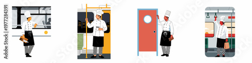 Flat illustration set of a professional chef commuting to work on public transportation and arriving at his destination in a city.