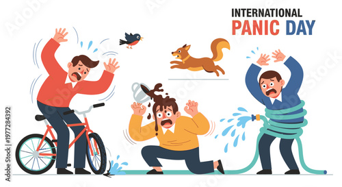 People experiencing panic on International Panic Day with bicycle and hose