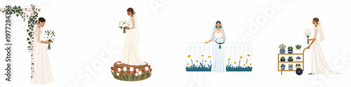 Elegant illustrations of diverse brides in various outdoor wedding settings with floral arrangements and garden themes on a white background.