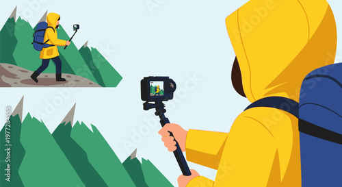 Hiker records fellow adventurer climbing steep mountain trail with backpack and selfie stick