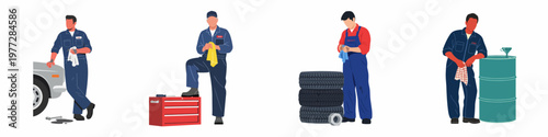 Vector illustration set of four male car mechanics in overalls working with tools, tires, car, and oil drum on a white background.