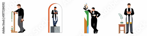 Collection of flat illustrations depicting catholic priests and clergymen in various poses reading the bible and standing in church-like settings.
